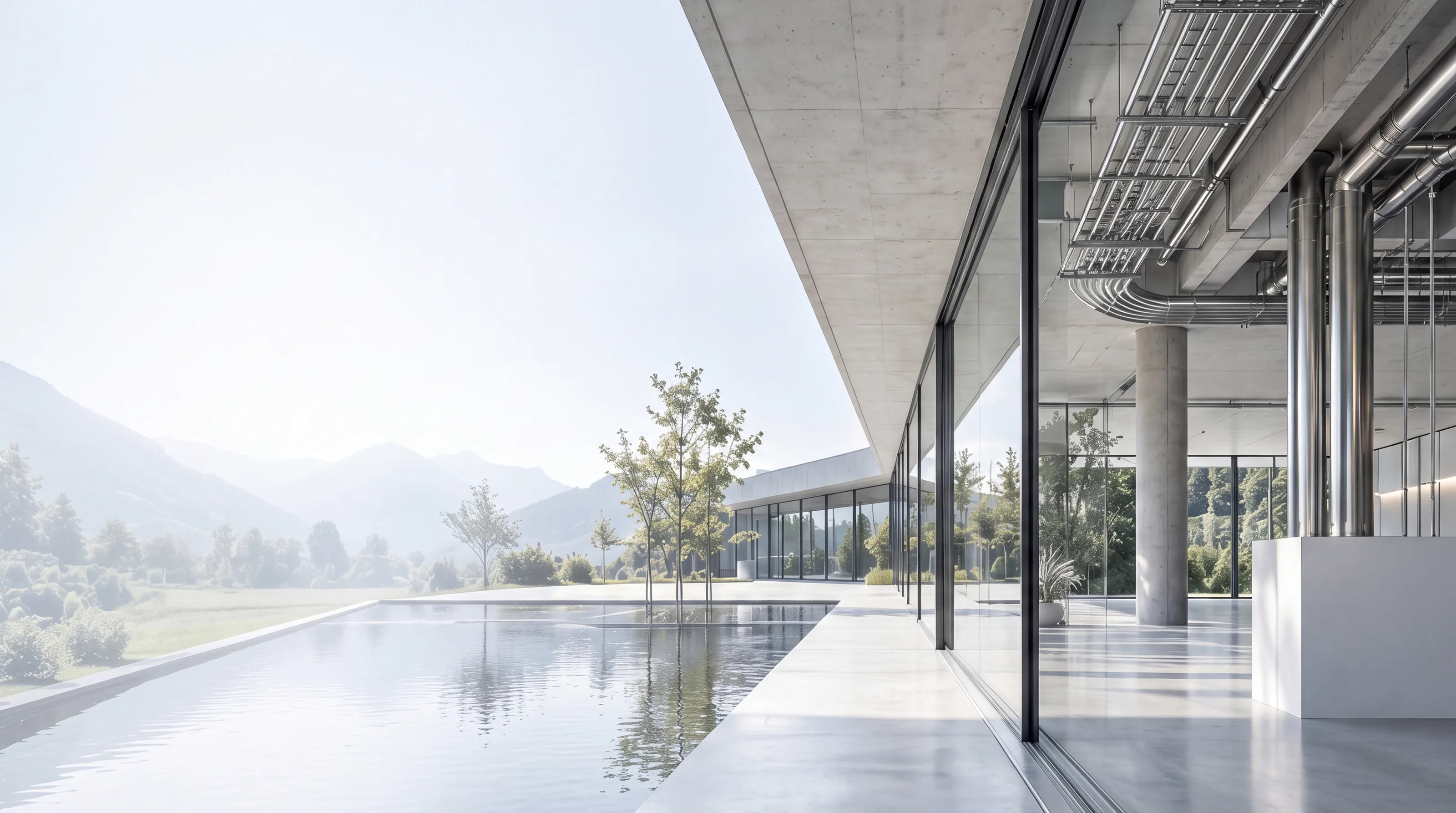 Moderner Glasbau mit Vordach aus Sichtbeton, Lüftungsrohren aus Edelstahl und Wasserbecken